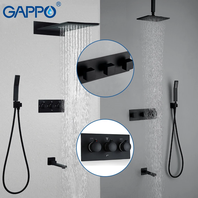 GAPPO Shower Faucets wall mounted black chrome shower set bathroom concealed brass shower mixer massage shower head waterfall   