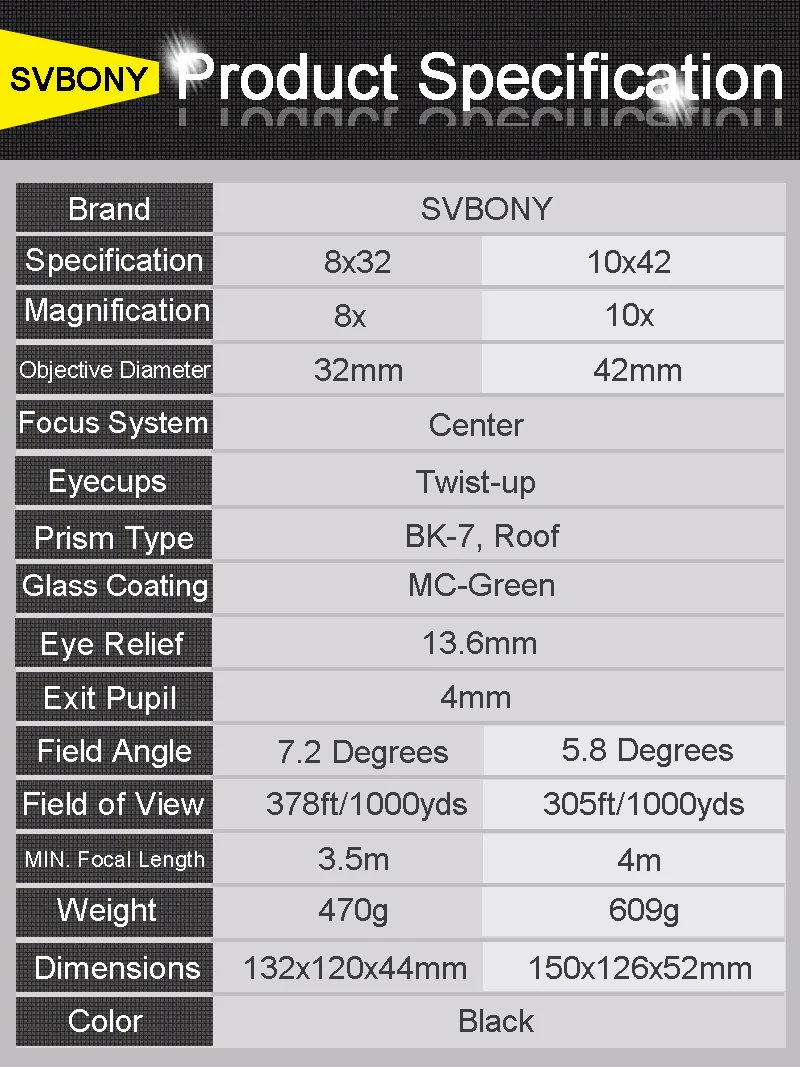 Svbony Hunting Binoculars Telescope 10X428X32 High