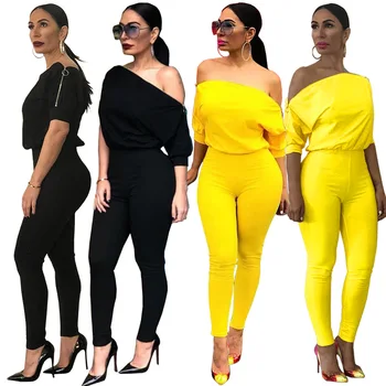 

Sexy Solid Zipper Slash Neck Off Shoulder Short Sleeve Women Casual Bodycon Jumpsuits