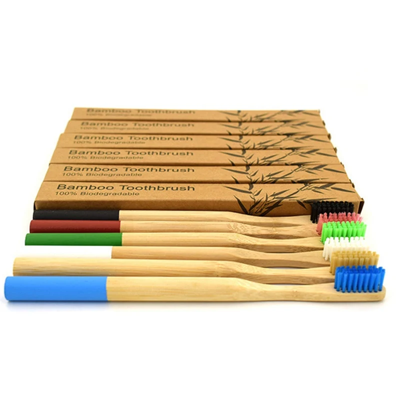 

1PC Rainbow Bamboo Toothbrush 6 Colors Round Bamboo Handle Adult Wooden Handle Low Carbon Toothbrush