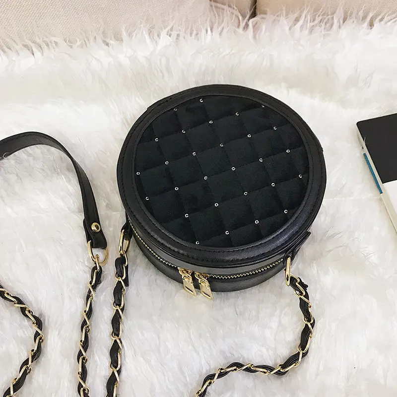 

Round Small Velour Crossbody Bags For Women Plaid Chains Pu Leather Messenger Bags Women Purse Casual Solid Females Shoulder Bag
