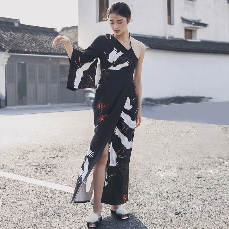 Женский Асимметричный костюм Geisha Obi Yukata винтажное платье Kimonos с красным краном