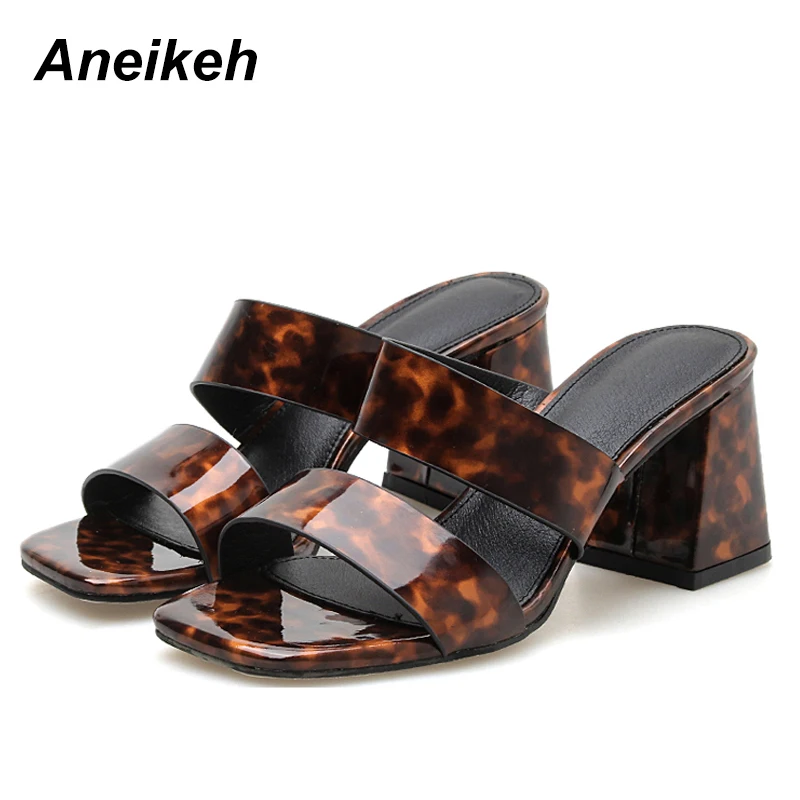

Aneikeh 2019 Retro PU Sexy Women's Pumps Square High Heel Square Toe Summer Slippers Slip-On Basic Party Shallow Daily Size35-40