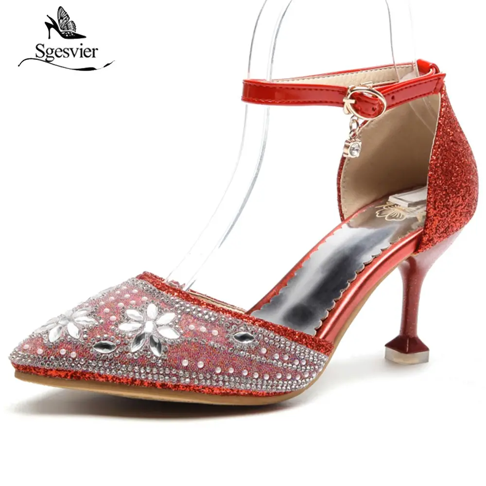 

Sgesvier Gold/Silver Bride Wedding High Heel Ankle Strap Glitter Sandals Summer Women Sexy Pointed Toe Rhinestone Sandals B538
