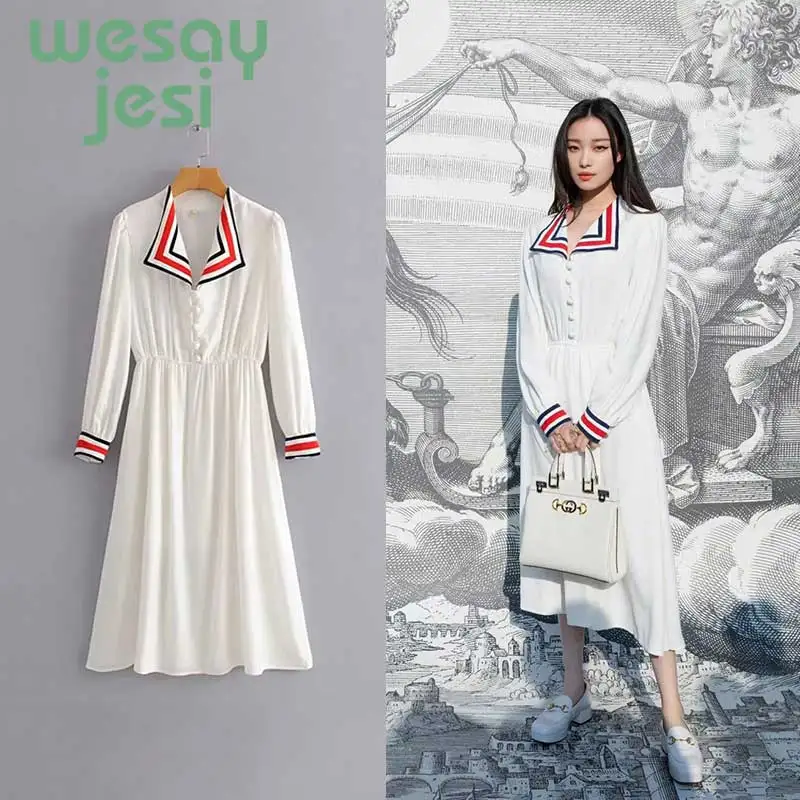 

Autumn women dress vintage simple solid dress women vestidos button V-neck full sleeve mid-calf casual dress