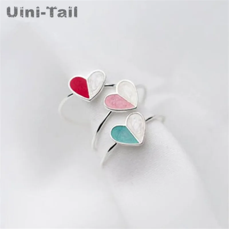 

Uini-Tail hot new 925 sterling silver ice cream heart opening ring female small fresh heart-shaped mosaic hit color tail ring
