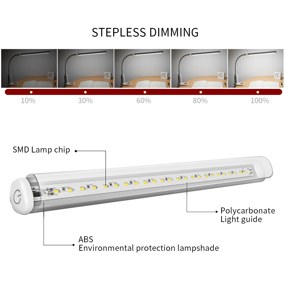 500lm Eye Protect LED Desk Lamp Switch Sensor Control Stepless Dimmable Bendable Study Lamp