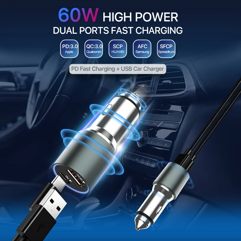 60 W سريعة تهمة 3.0 USB PD سيارة شاحن آيفون سامسونج هواوي USB نوع-C سريع شاحن الهاتف المحمول سريعة QC 3.0 سيارة-شاحن