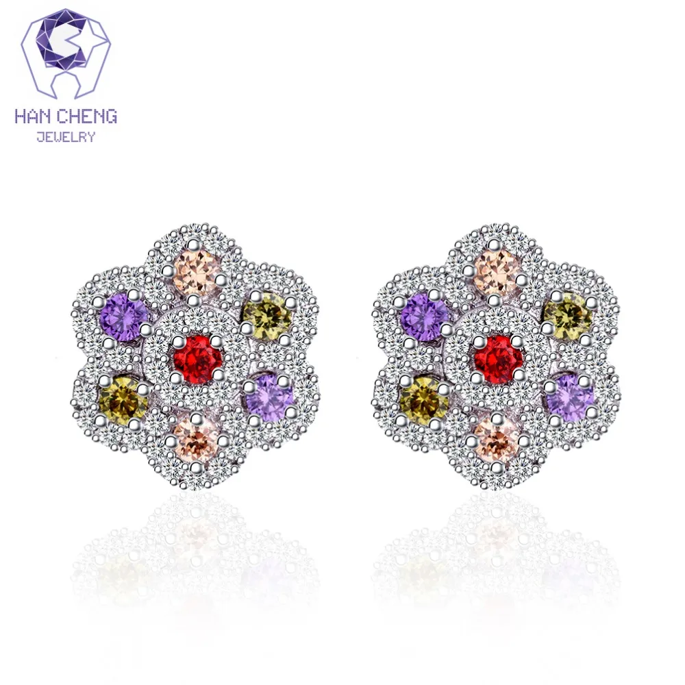 HanCheng New Fashion Copper Silver Plated AAA Zircon CZ Color Gem Stone Flower Stud Earrings For Women Jewelry brincos bijoux | Украшения и
