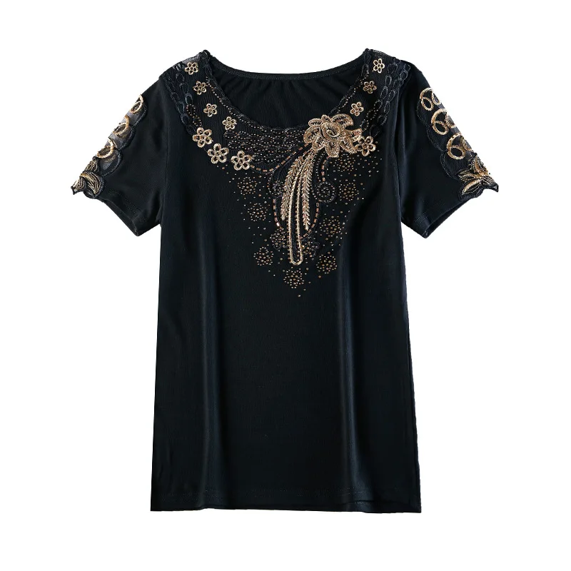 Beste 4XL Plus Size Vrouwen Shirt Mode Korte Mouw Zomer Tops Shirt Elegante Slanke Geborduurde Diamant Vrouwen Blouse Shirt