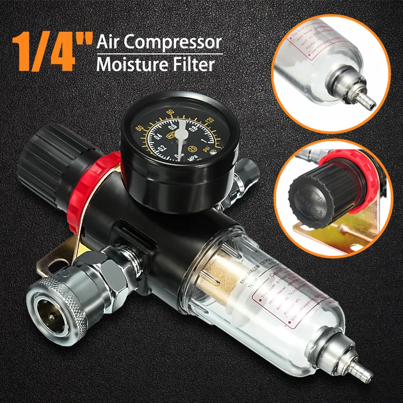 Air Pressure Regulator Oil Water Separator Moisture Trap Filter Airbrush Compressor 1/4'' with Gauge Mount Fitting Air Pressure Regulator Oil Water Separator Moisture Trap Filter Airbrush Compressor 1/4'' with Gauge Mount Fitting