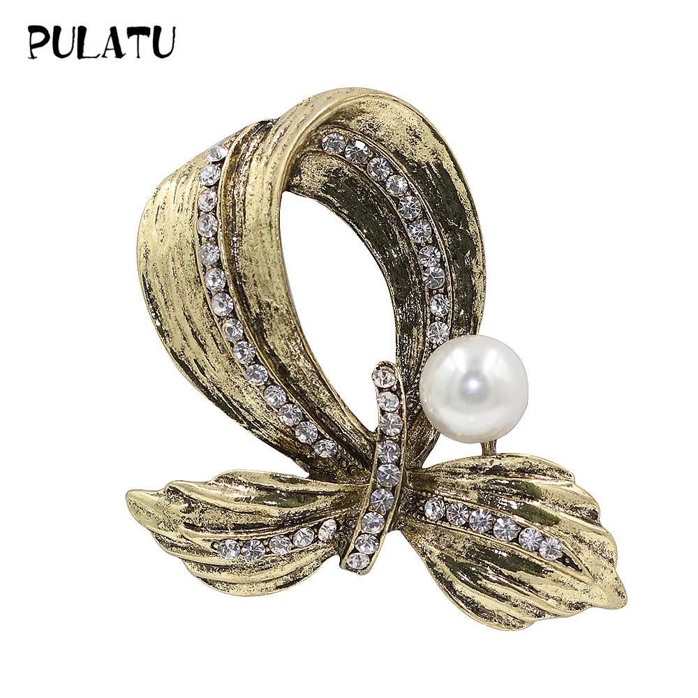 

PULATU Vintage Bow Women's Brooches Zinc Alloy Simulation-Pearl Fashion Brooch Pins for Scarf Clothing Jewelry Accessories Gift
