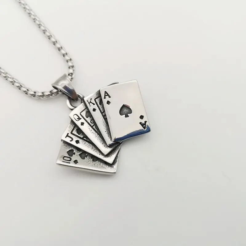 

Double-sided Playing cards Royal flush pendant necklace Vintage silver color stainless steel playing cards necklace BLKN0797