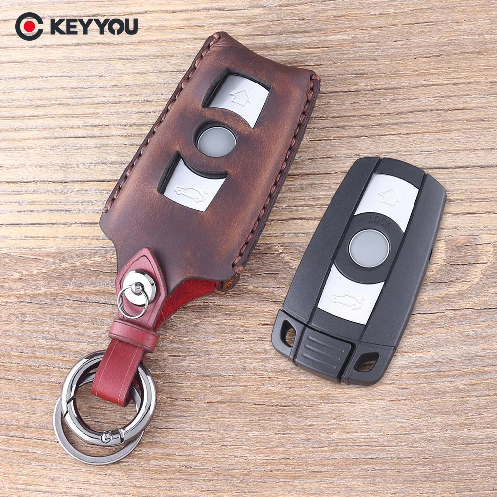 

KEYYOU 3 Button Remote Key Case For BMW 1 3 5 6 Series E90 E91 E92 E60 Smart Key Shell Blade Fob Leather Keychain Key Bag