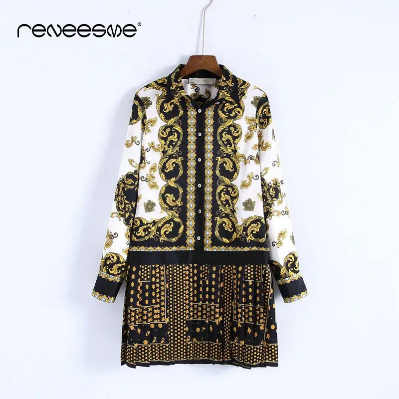 Reneesme floral chains print pleated shirt women dress long sleeve turn