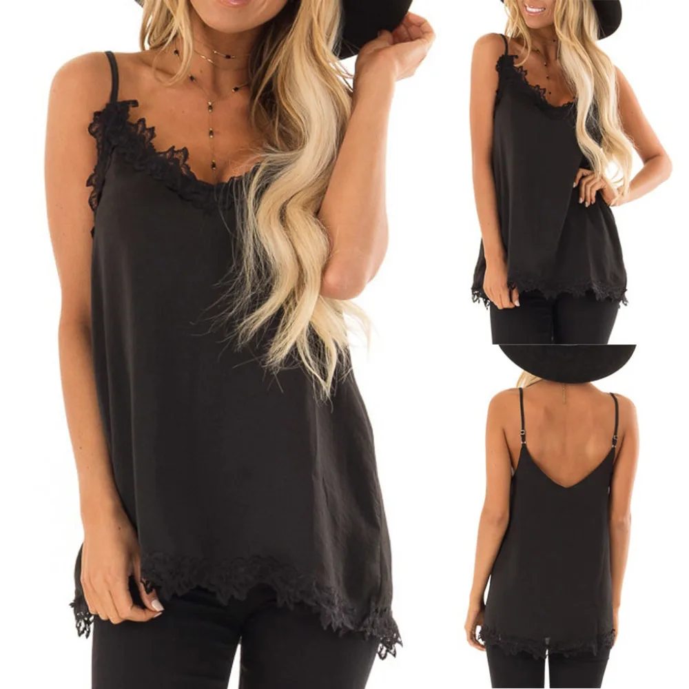 

Summer Women vest solid black V-neck shirt girl Lace Splicing Sleeveless Vest Tops female halter top Camisole debardeur femme