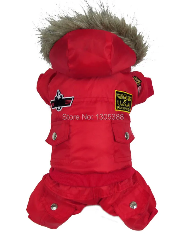 

Red USA Airman Style Pet dogs Coat Warm Small Dog Apparel Fleece Winter Coat Snowsuit Hooded Jumpsuit Waterproof