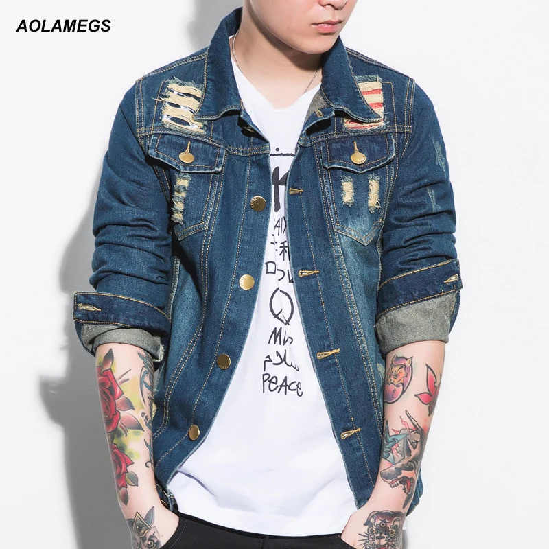 Aolamegs pria  denim  jaket  pria  ripped jeans  jaket  coats 