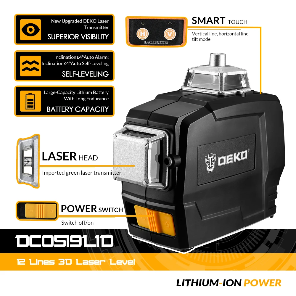 DEKO DC Series 12 Lines 3D Green Laser Level Horizontal And Vertical Cross Lines With Auto Self-Leveling, Indoors and Outdoors
