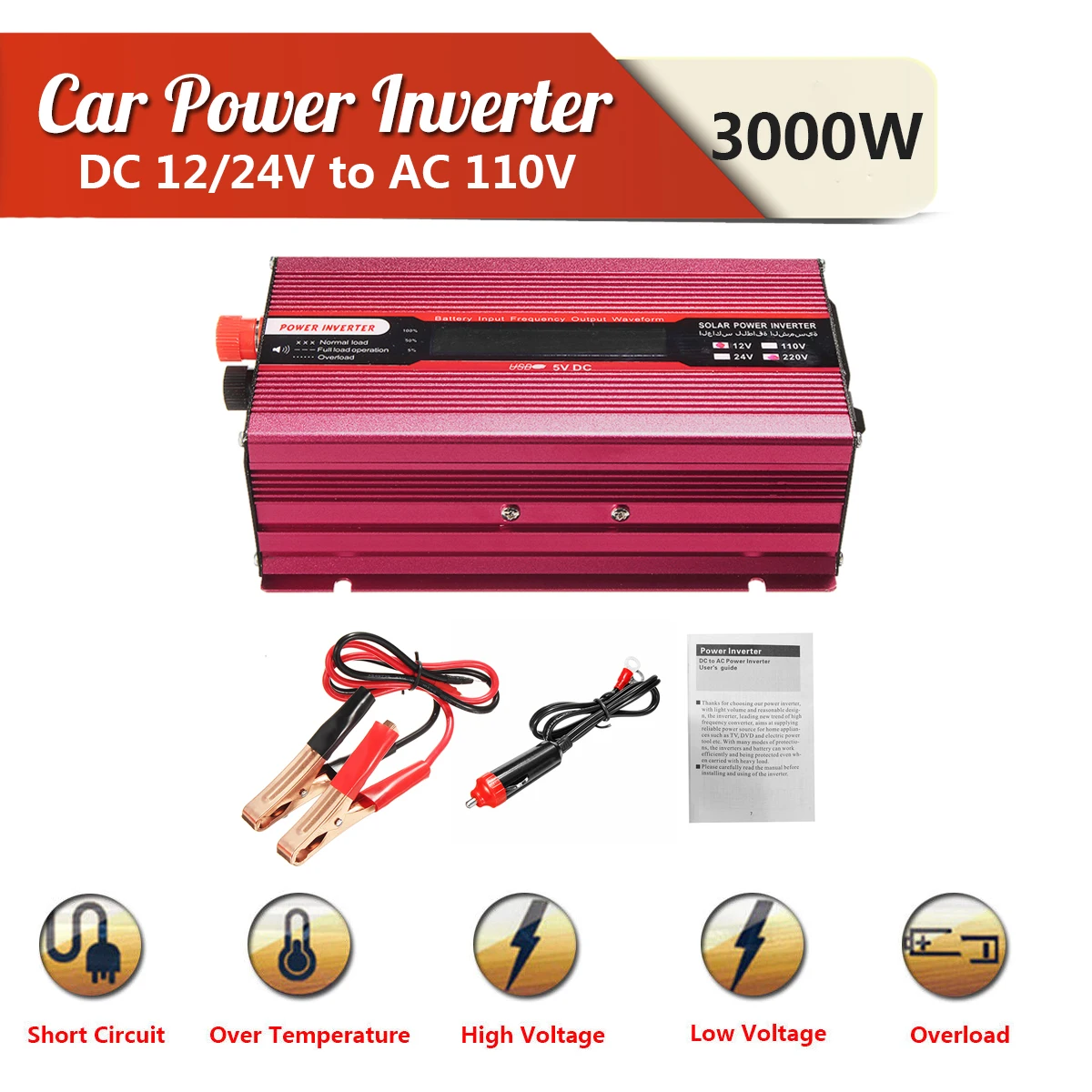 Sine Wave Converter Car Power Inverter Voltage Transformer PEAK 3000W 12/24V To AC 220/110V USB Modified Low Noise Multiple Sine Wave Converter Car Power Inverter Voltage Transformer PEAK 3000W 12/24V To AC 220/110V USB Modified Low Noise Multiple