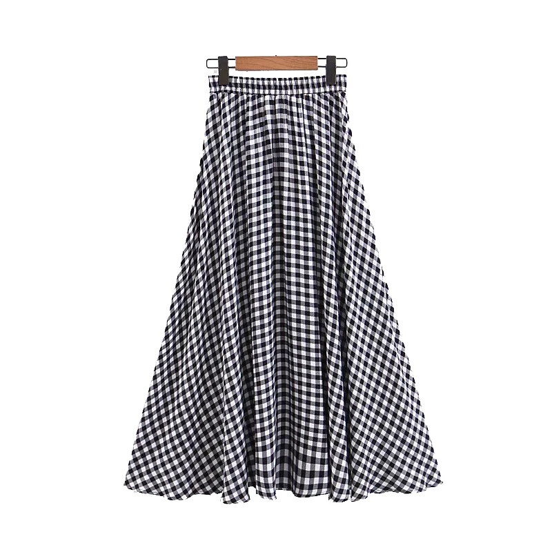 

Plus Size Plaid Skirts 2019 Women-s Summer Beach Long Skirt High Waist Big Hem Pleated Skirts Linen Women Black-White Jupe femme
