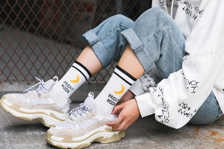 Men Women Harajuku Hip Hop Autumn Elastic Rib Trim Long Crew Socks New Moon Letters Stripes Printed Couples Cotton Tube Hosiery