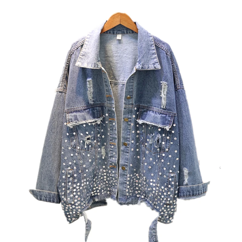 Veste Manches Longues Tops Vestes Cassé Ulzzang Lourd Lâche 2018 L'europe Femme De Paillettes Et Bleu Trou Femelle L'automne Denim À Manteaux Femmes TxUHUg