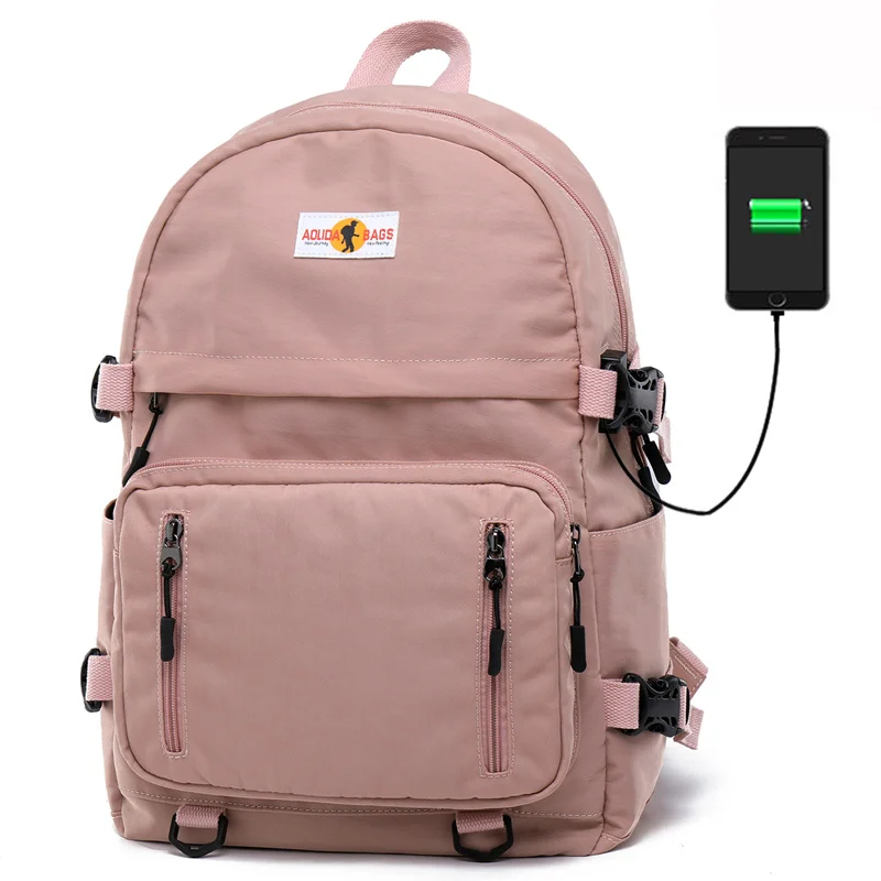 

School Bags for Teenagers Girls and Boys Schoolbag USB Large Capacity Lady Nylon 14.6 inch Laptop Rucksack Bagpack Bookag Pink
