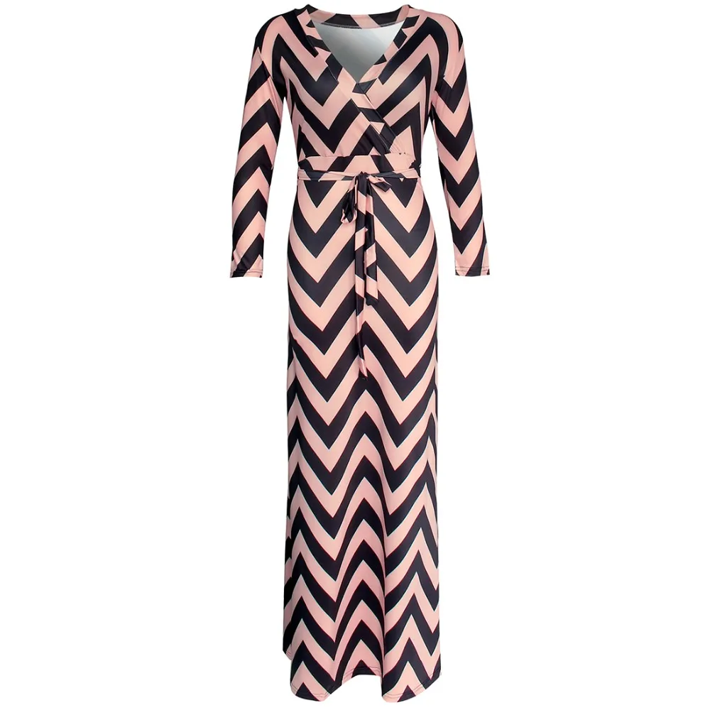 

Brand New 2016 Autumn New Women Maxi dresses vestidos Sexy V-neck striped dress three quarter sleeve long Nightclub dress 922 DX