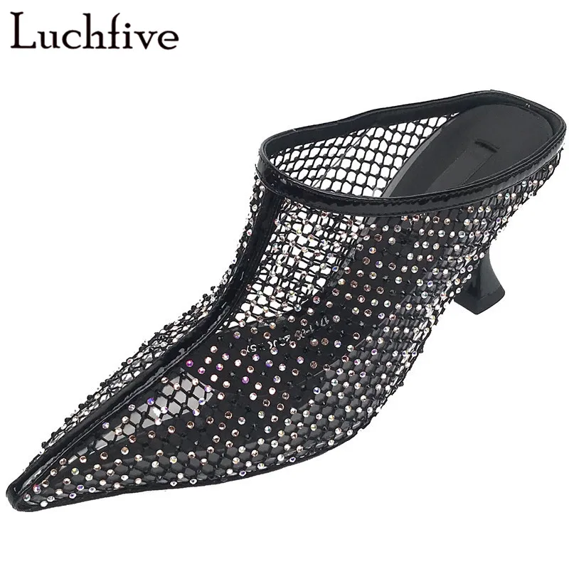 

Fashion Black Summer Slippers Rhinestone Air Mesh Shoes For Women Sexy Pointed Toe Silver Slides Shoes Runaway Zapatos De Mujer