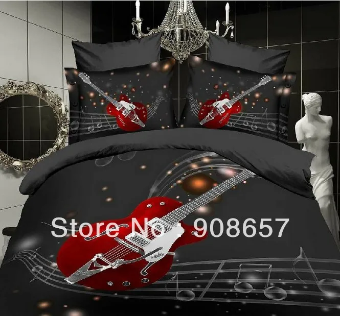 

Black bed sheets 3D oil painting music duvet quilt cover guitar rock design bedding set full queen size 4/5 pc