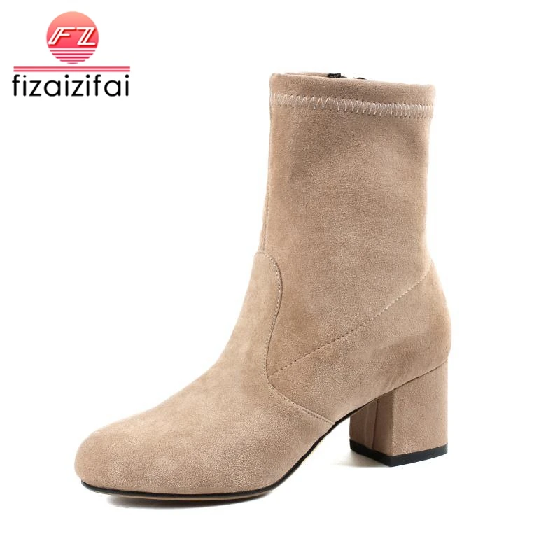 

FizaiZifai Size 32-44 Women Ankle Boots Winter Round Toe Warm Shoes Woman Fashion Zipper High Heels Boots Elastic Short Boot