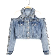 Дикий заклепки вырез панк с открытыми плечами джинсовая куртка короткая дизайн джинсы feminino Весна Винтаж тонкий пальто Chaquetas Mujer