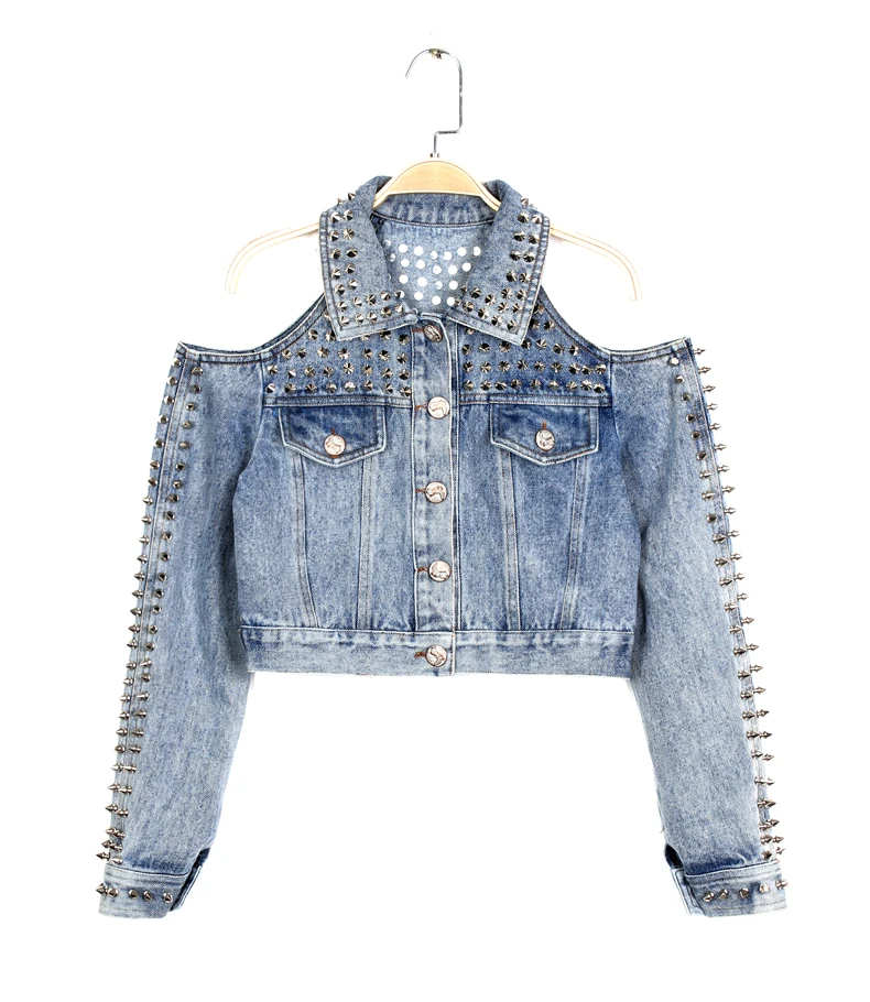 

Wild Rivet Cutout punk Off Shoulder Denim Jacket short design jeans 2017 Feminino spring Vintage Slim Coat chaquetas mujer