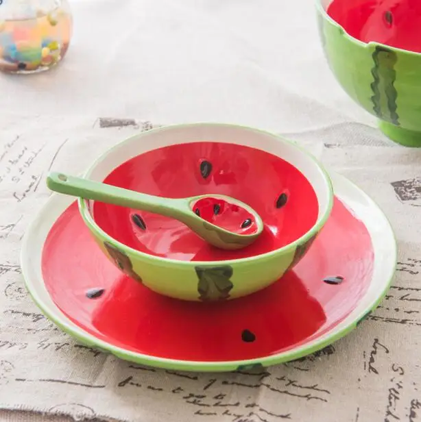

Cute cartoon hand-painted creative fruit bowl ceramic tableware rice watermelon dessert salad bowl