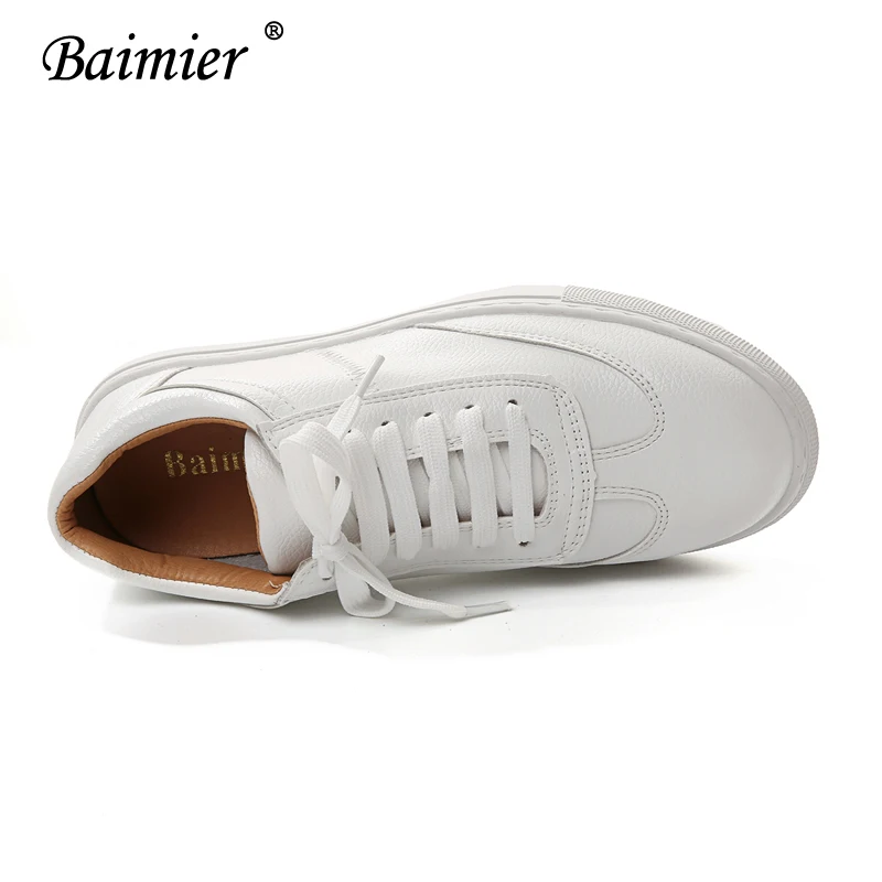 Baimier Genuine Leather White Women Sneakers Spring Street Style Lace up Running Shoes Casual Comfortable Women Flat Shoes