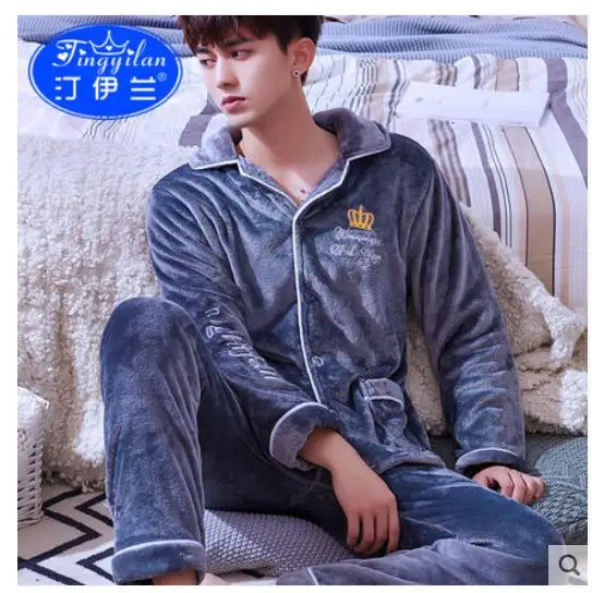 Fashion Brand Luxury Winter Pajamas Men Sleepwear Thick Warm Coral Fleece Mens Pajama Set Male Nightwear Leisure Home Clothing - Цвет: 009