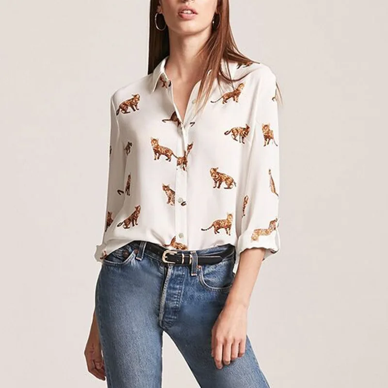 Brand Fashion Cat Print Blouse Women 2018 New Long Sleeve Chiffon