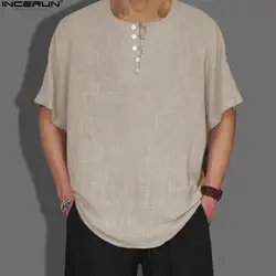 INCERUN 2018 летняя винтажная Мужская рубашка большого размера мужская с v-образным вырезом с коротким рукавом хлопковые льняные рубашки