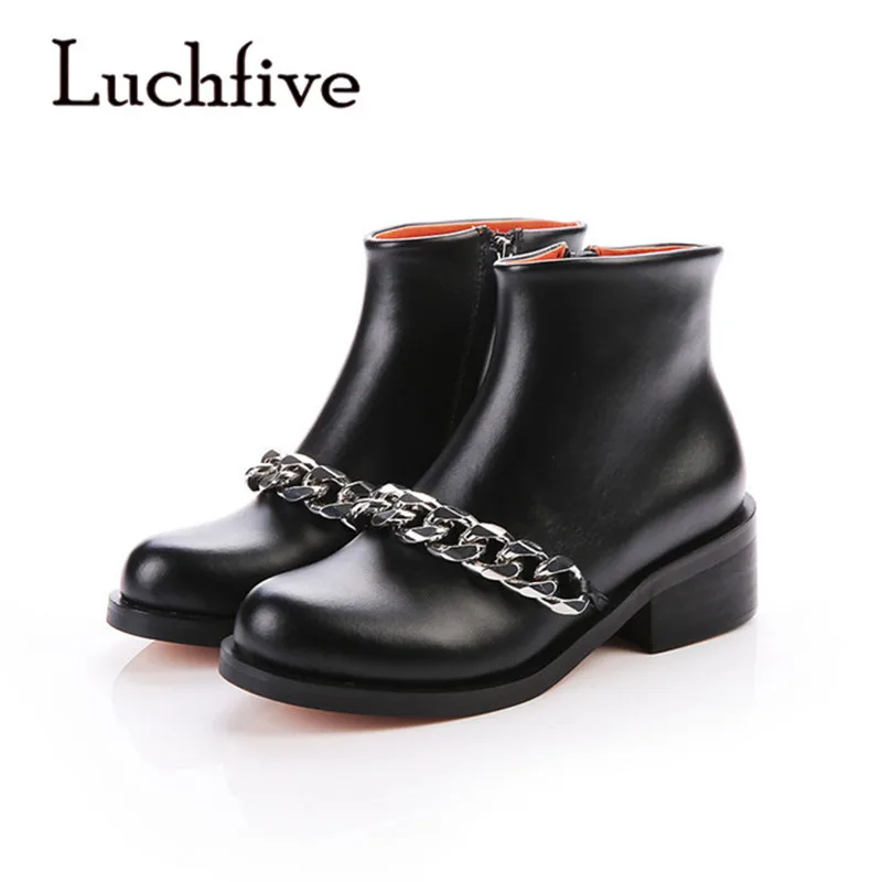 Sexy Silver Chian Round toe Ankle Boots For Women Square Flat Heel Women Short Winter Boots black geninue leather zapatos mujer jawakye round toe silver chains studded ankle boots women flat heel genuine leather winter shoes motocycle boots for women