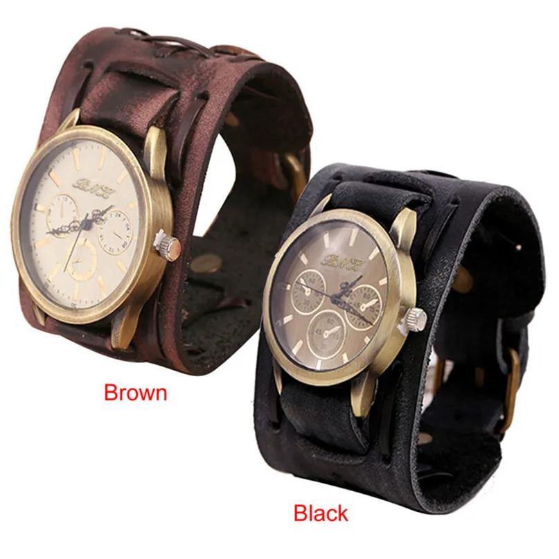 

Unisex New Style Retro Punk Rock Brown Big Wide Leather Bracelet Cuff Men Watch Cool Unique Popular High Qulity Hot Selling M1