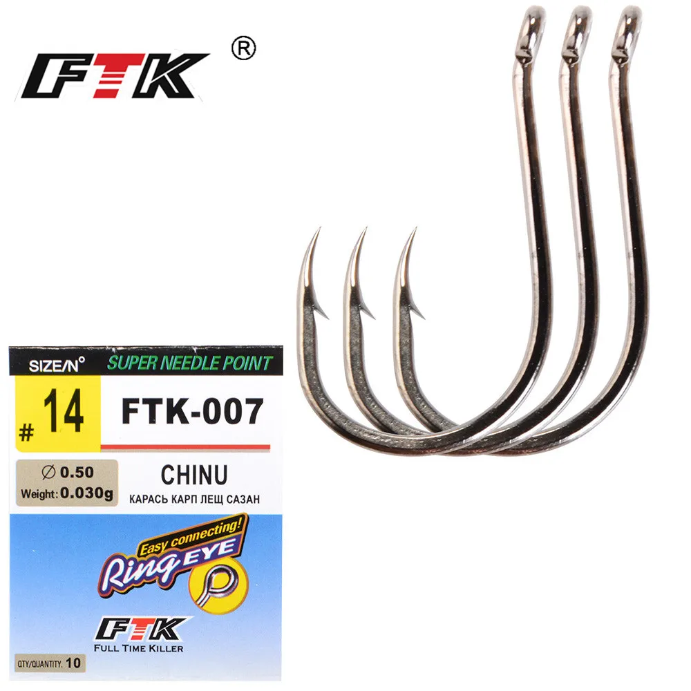 

FTK High Carbon Steel Barbed 5-10Pcs /Batch #1-#14 And #1/0-#4/0 CARP HOOKS Sharp Band Ring Eye CHINU Fishing Supplies