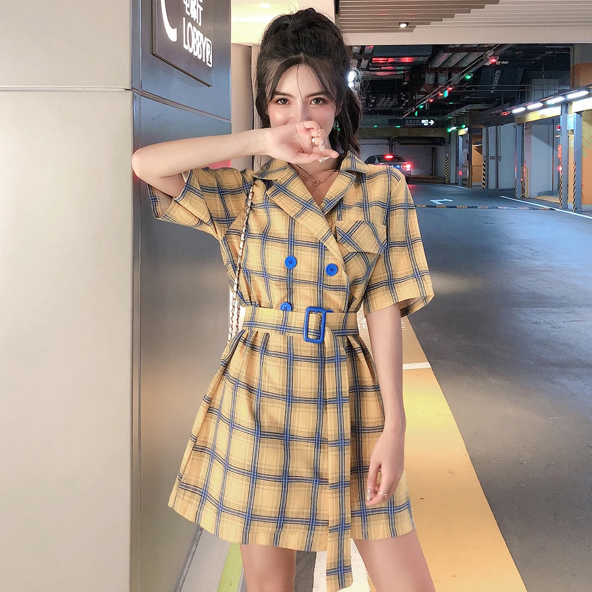 

Fashion Plaid Blazer Playsuit 2019 Summer Women Playsuit with Sashes Double breastedOffice Lady Short Pants Work Jumpsuit