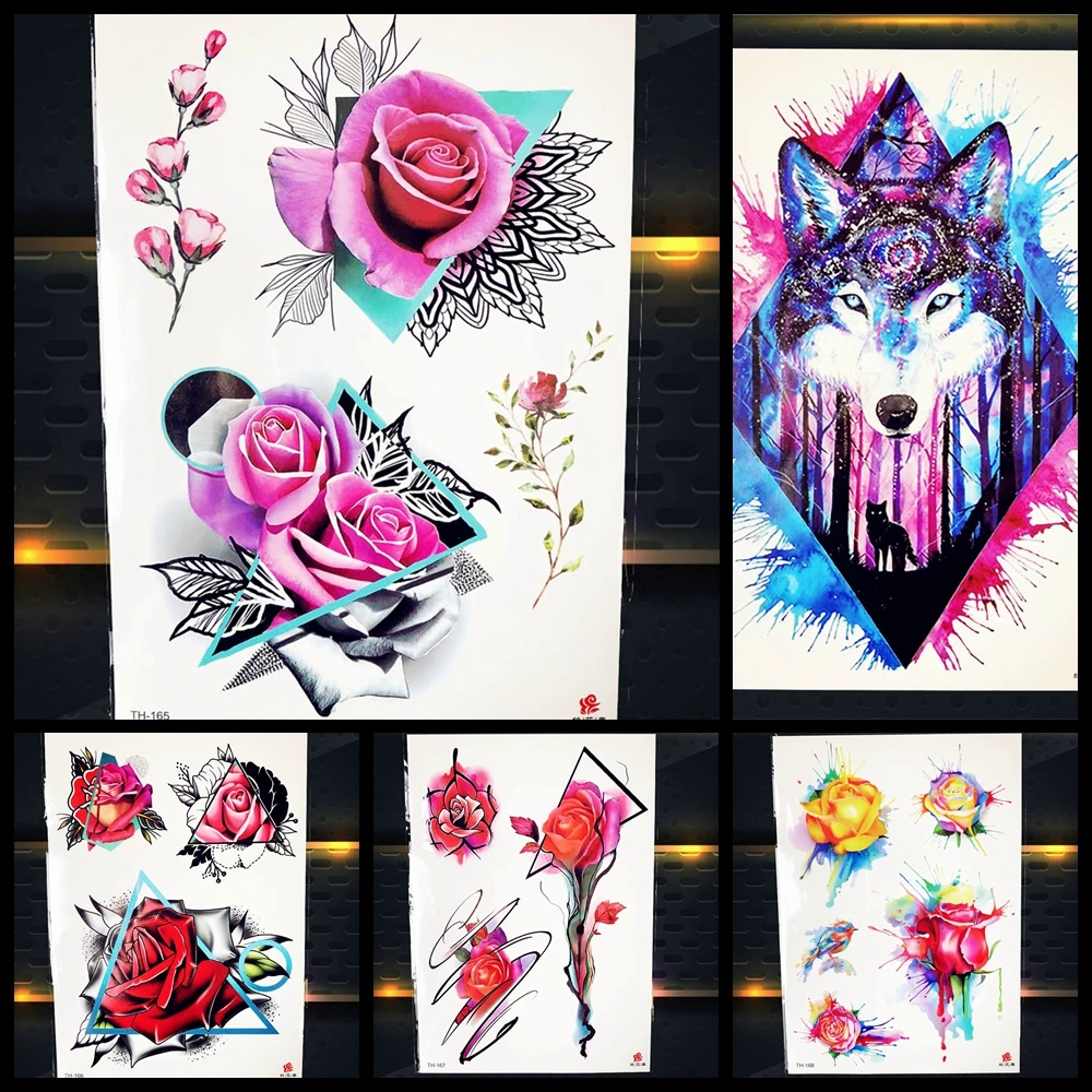 

Pink Rose Temporary Women Tattoo Chest Stickers Galaxy Wolf Geometric Flower Party Flash Tattoo Girls Supplies Waterproof Tatoos