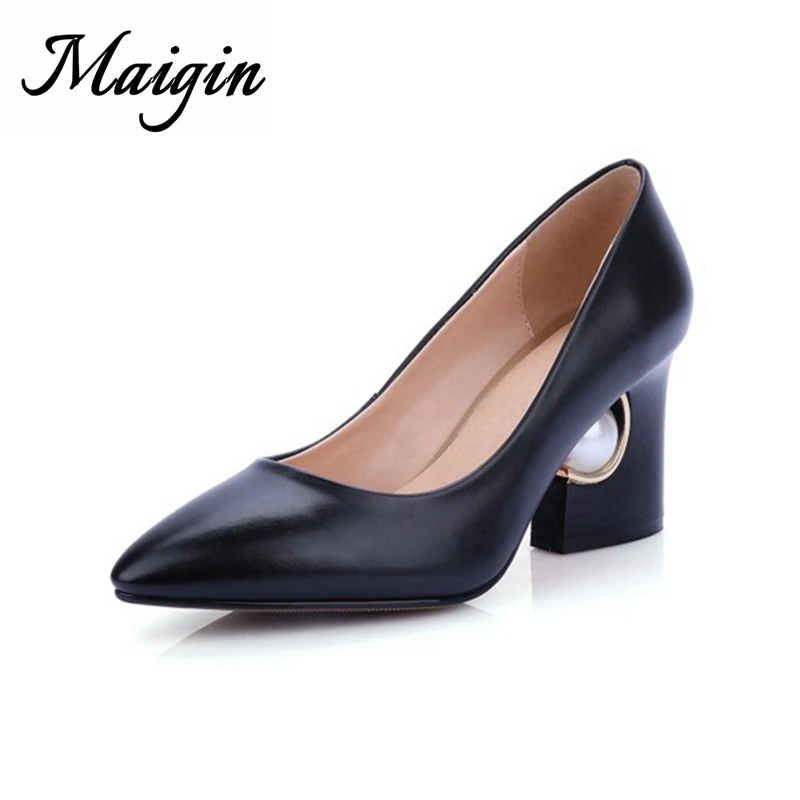 Maigin Black Stiletto Block Heels Pointed Toe Slip-on Pumps Women Shoes 2018 Shallow Mouth Thick Fetish High Heels Female Shoes