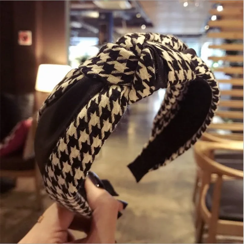 Fashion boutique hair accessories women's retro houndstooth imitation leather PU stitching middle knotted bow hairband headband