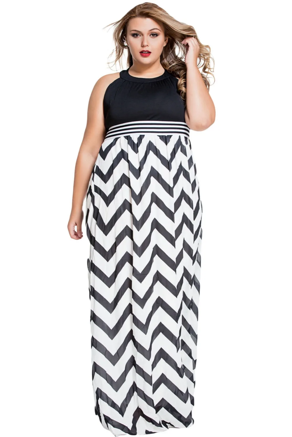 Hot Online Sale Plus Size Women Clothing Summer 2016 Black/blue Halter Neck Zigzag Floor Length Curvy Striped Dress Lc61042