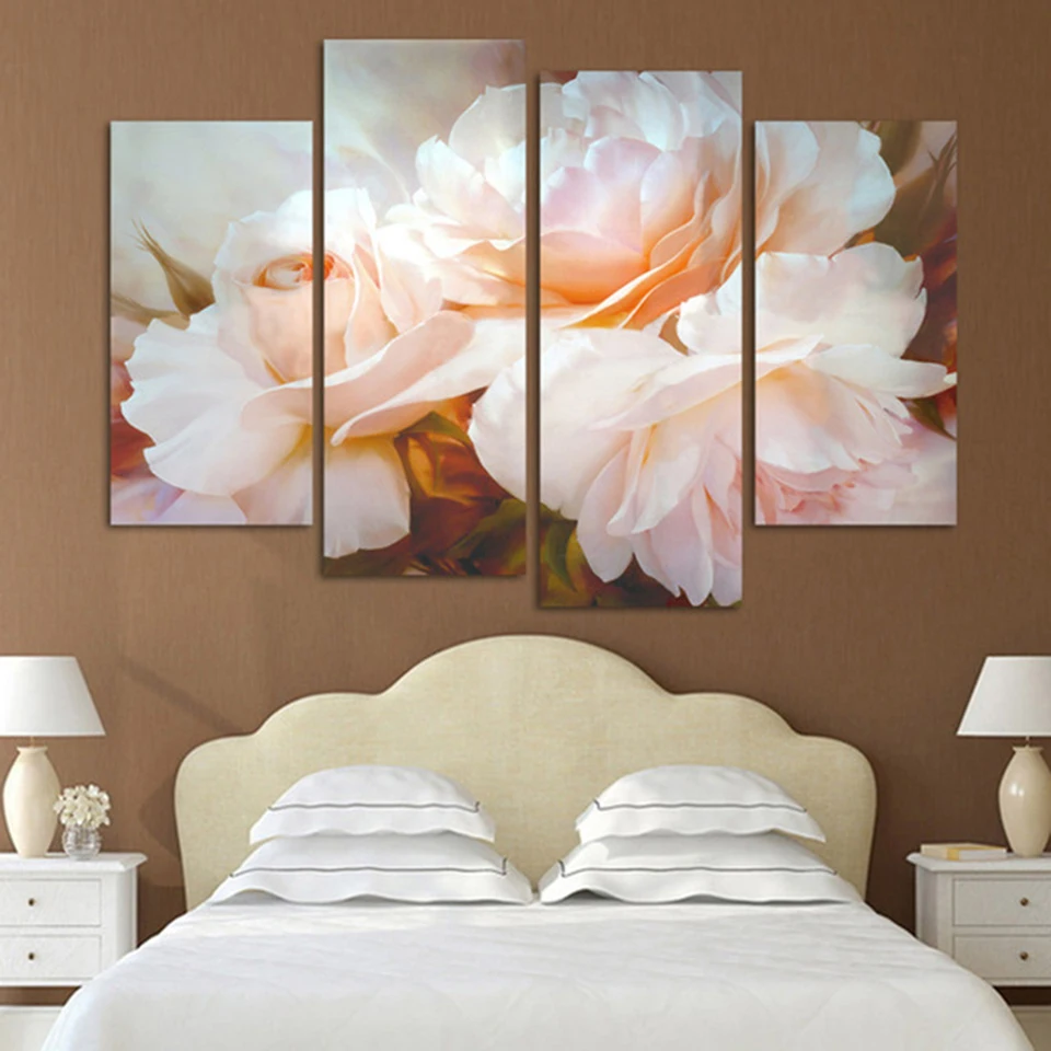 

Modular Wall Art Pictures Modern Home Decoration 4 Pieces Flower Pink Rose Canvas Painting For Living Room HD Print Poster