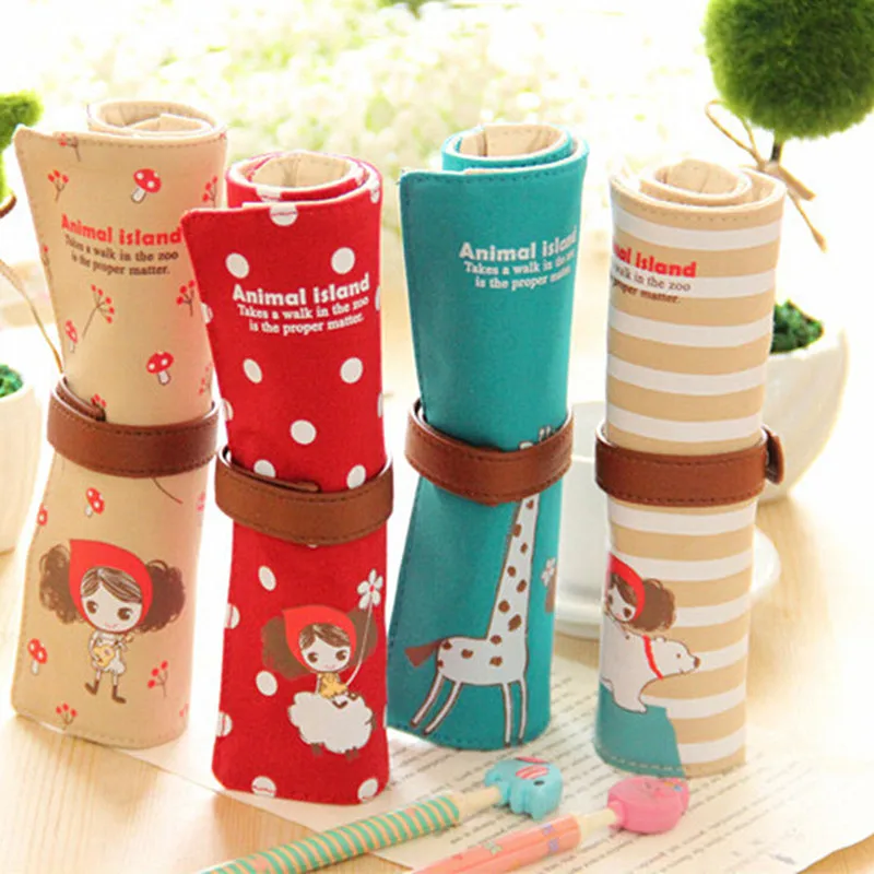 

Cute Cartoon Roll Up Canvas Pencil Bag pen case Brushes Wrap Pouch Pen Pocket, Pencil Bag- Canvas School Supplies