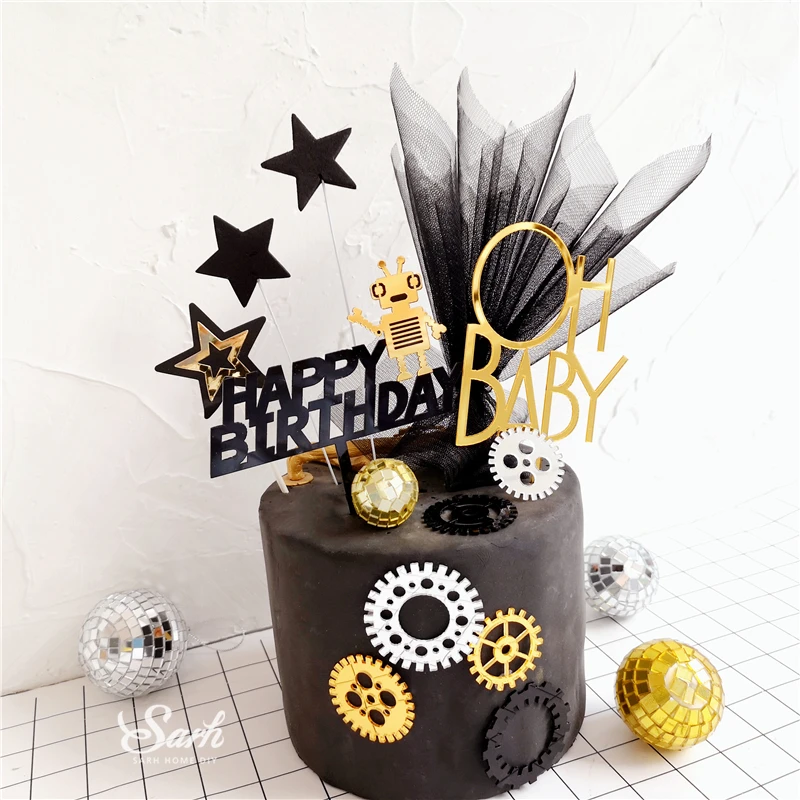 

Bling Gold Silver Robot Gear Cake Toppers Happy Birthday Oh Baby Decoration for Children's Day Party Valentine's Lovely Gifts